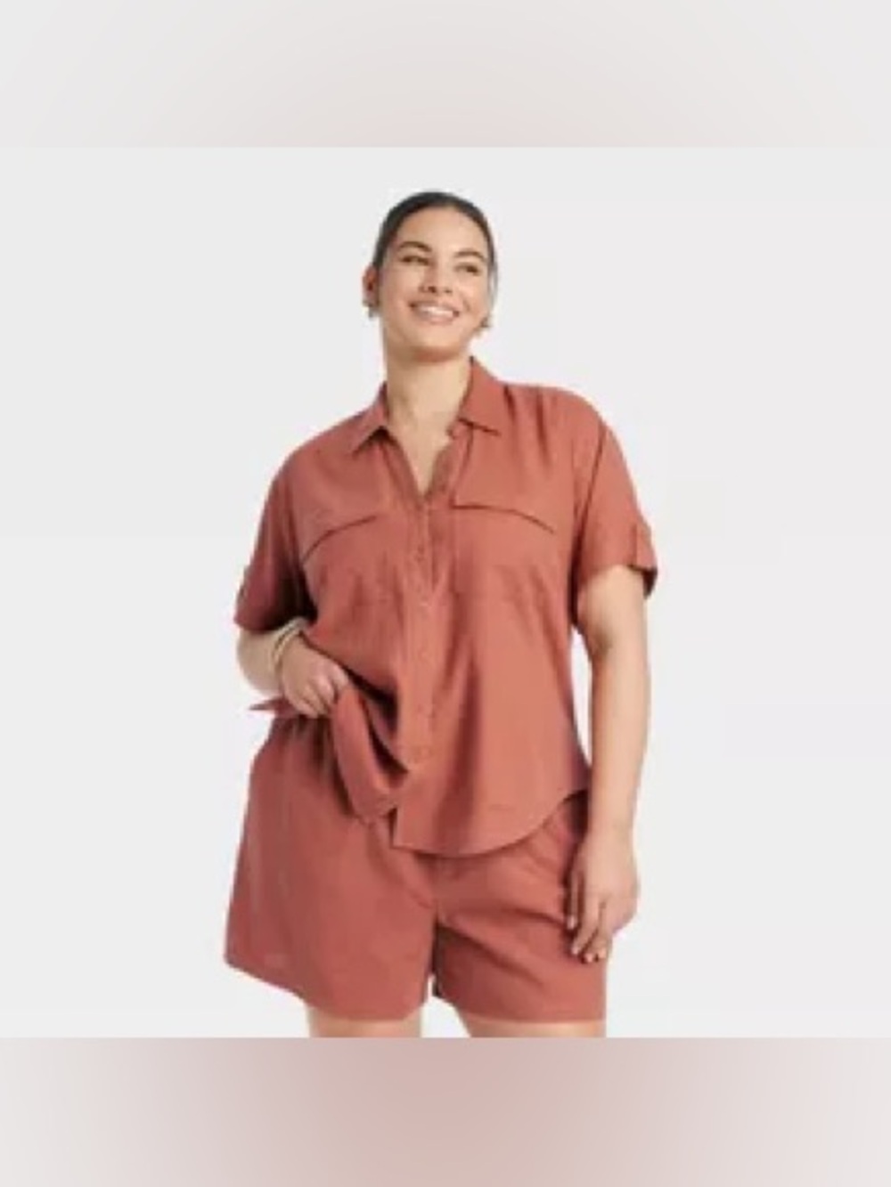 Ava & Viv Button Front Short Sleeve Shirt in Rust Orange